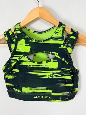 Alphalete Black and Neon Green Sports Bra Size Medium Cutout Racerback Workout